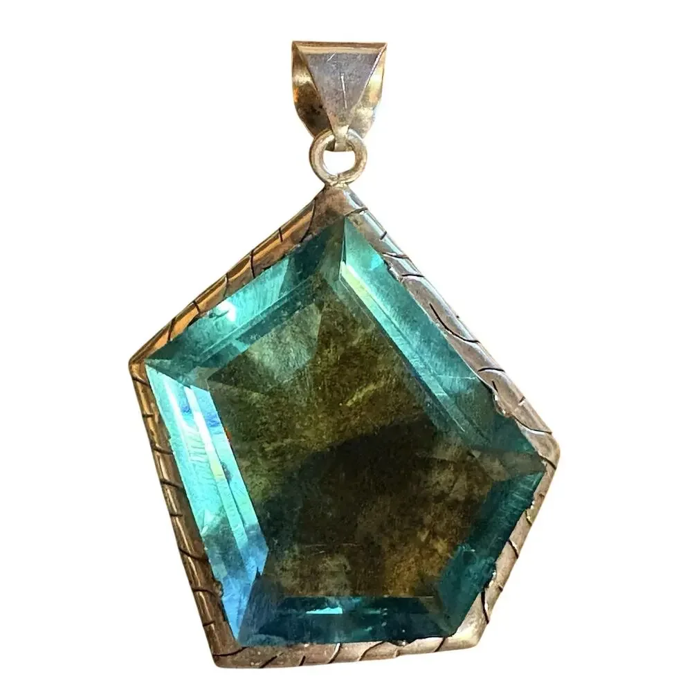 Taxco Sterling Siver & Blue Pendant Marked TS-7B Large Geometric Vintage Mexico